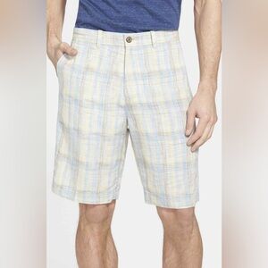 Tommy Bahama Men Size 33 100% Linen Shorts 10" Inseam Blue Tan Plaid Flat Front